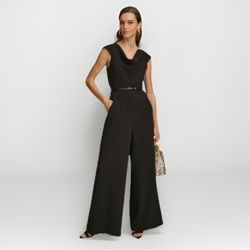 Donna Karan New York Cowl Neck Sleeveless Belted Jumpsuit Black Size 14 New